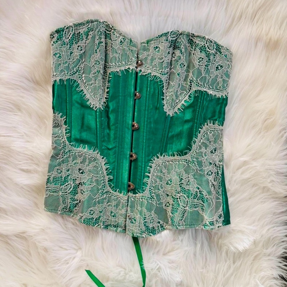 Adore Me Emerald Satin Bustier with Cream Lace